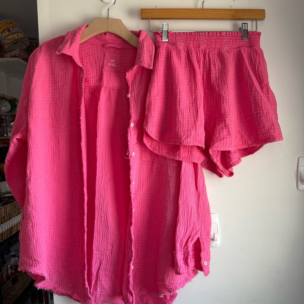 Aerie Pool To Party Set Hot Pink Gauze Size Xsmall Small